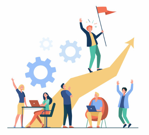 Business leader standing on arrow and holding flag flat vector illustration. Cartoon people training and doing business plan. Leadership, victory and challenge concept